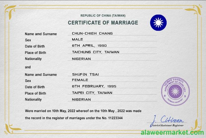Taiwan marriage certificate PSD template